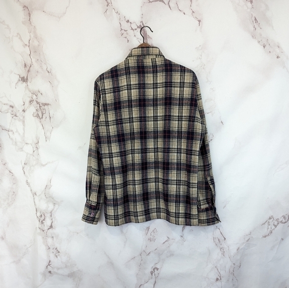 Vintage Wool Shirt Mens Medium Button Up 60's Plaid Brewster West Tan Brown Long - Picture 6 of 16